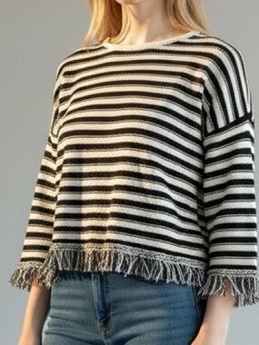Belford Fringe Hem Sweater Cream Black Striped Cotton Blend Size M